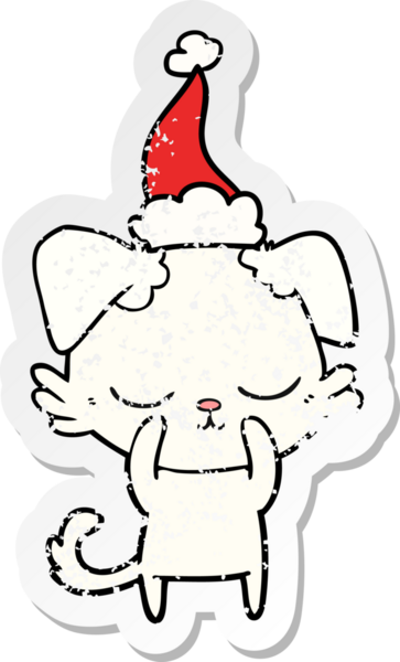 Bir insan tarafından çizilmiş Noel Baba şapkası takan bir köpeğin üzgün çıkartması çizilmiş şirin bir el.