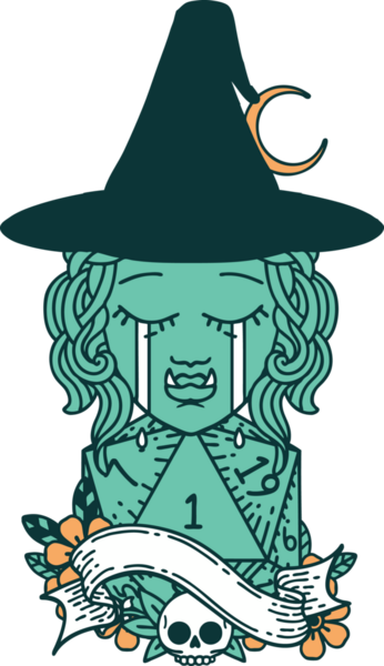 Retro Dövme Tarzı Ağlama Yarı Ork Cadı Karakteri Yüzü Doğal Bir D20 zar bir insan tarafından çizilmiş