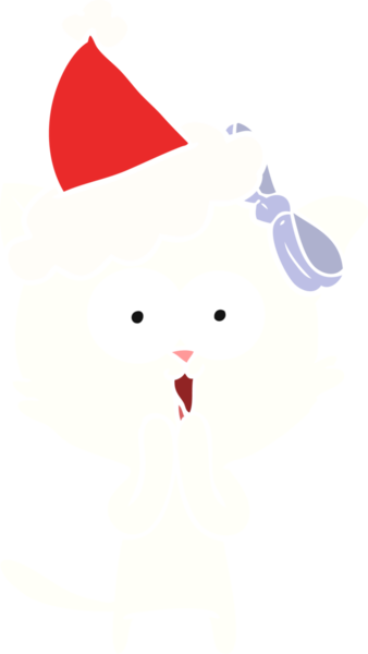 Bir insan tarafından çizilmiş Noel Baba şapkası takan bir kedinin düz renk çizimi.