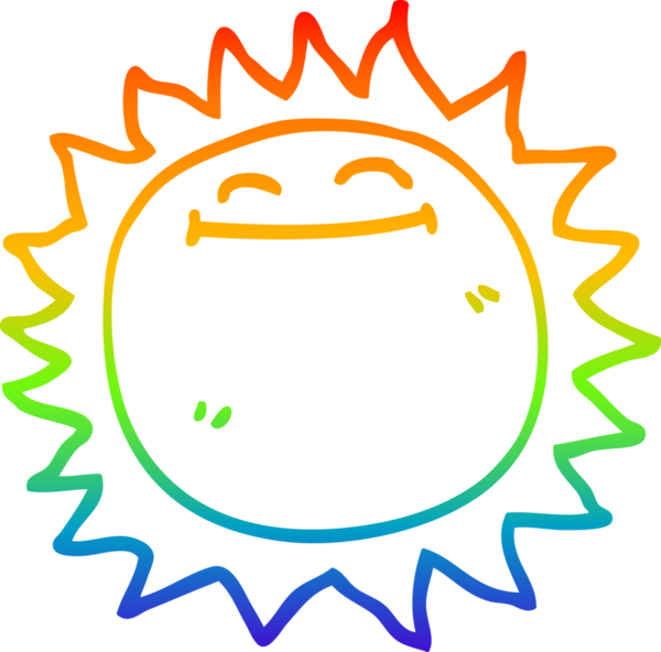 Gökkuşağı gradyan çizgi çizimi bir insan tarafından çizilmiş parlayan bir güneş