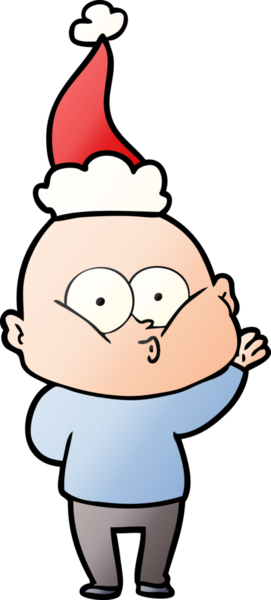 Bir insan tarafından çizilmiş Noel Baba şapkası giymiş kel bir adamın el çizimi karikatürü.