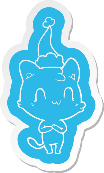 Bir insan tarafından çizilmiş Noel Baba şapkası takan mutlu bir kedinin garip çizgi film etiketi.