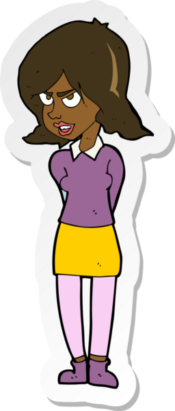 Çizgi film çıkartması. Bir insan tarafından çizilmiş rahatsız bir kadın.