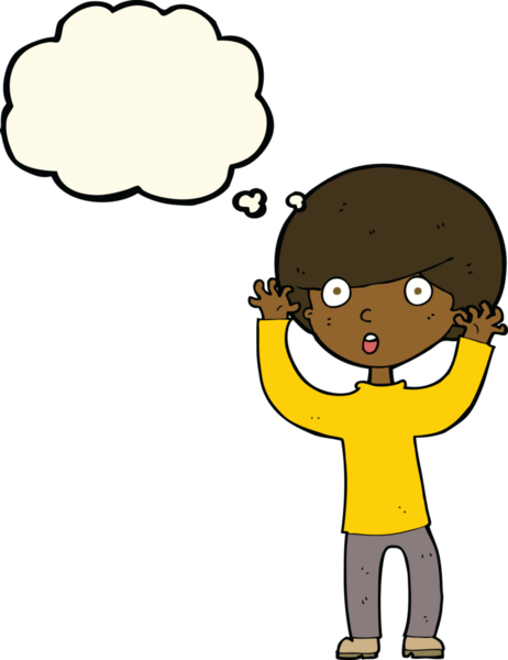 Bir insan tarafından çizilmiş düşünce baloncuğu ile ürkmüş bir çocuk.