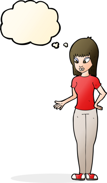 Bir insan tarafından çizilen düşünce baloncuğuyla açıklayan çizgi film kadını.