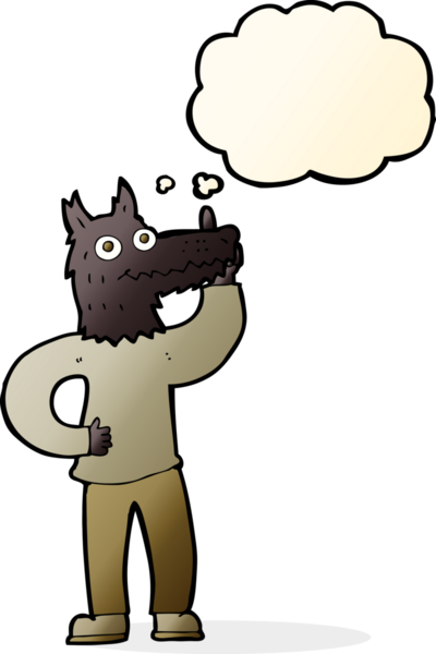 Bir insan tarafından çizilmiş düşünce baloncuğu fikri olan bir kurtadam.