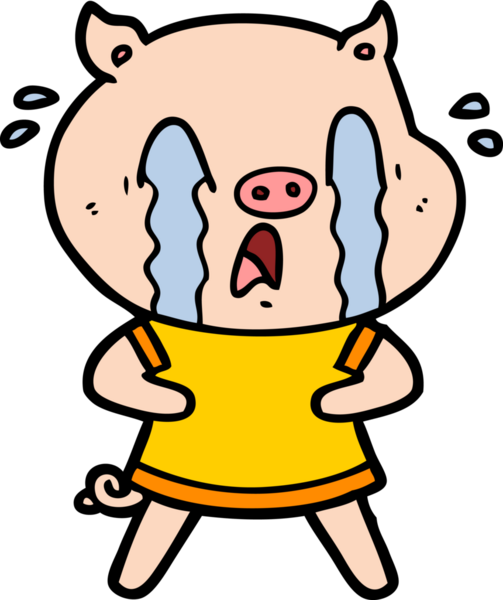 Bir insan tarafından çizilmiş insan kıyafetleri içinde ağlayan domuz çizgi filmi.