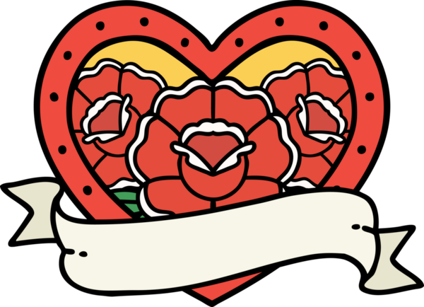 Geleneksel kalp şeklinde dövme ve bir insan tarafından çizilmiş çiçekli pankart.