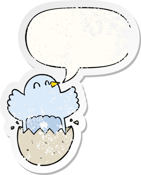 Çizgi film kuluçkaya yatmış, konuşma baloncuğu olan tavuk bir insan tarafından çizilmiş sıkıntılı eski bir çıkartma.