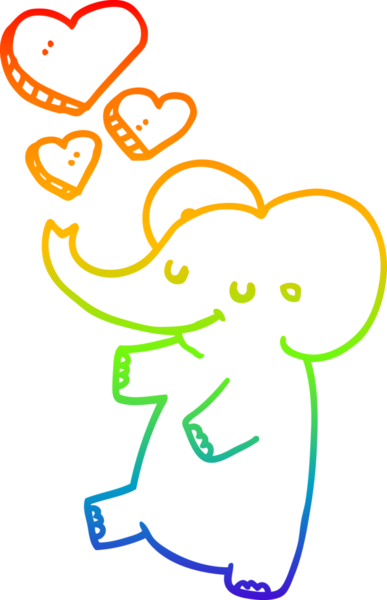 Gökkuşağı gradyan çizgi çizimi bir insan tarafından çizilmiş aşk kalpleri olan bir fil.