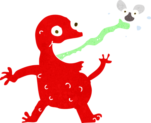 Bir insan tarafından çizilmiş sineği yakalayan kurbağa.