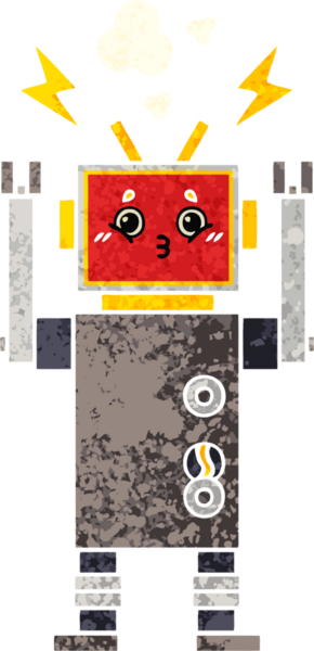 Bir insan tarafından çizilen robot arızasının retro çizim tarzı karikatürü