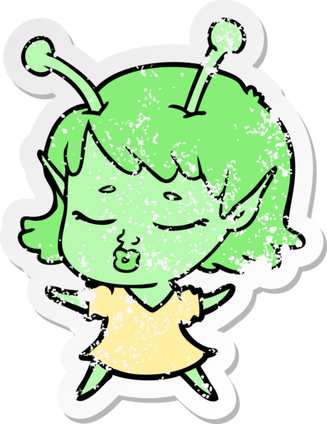 Bir insan tarafından çizilmiş sevimli bir uzaylı kız çizgi filminin sıkıntılı çıkartması.