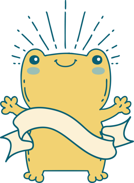 Bir insan tarafından çizilmiş dövmeli, mutlu bir kurbağa.