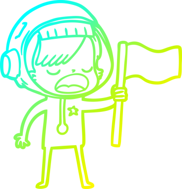 Bir insan tarafından çizilmiş bayrak sallayan astronot bir kadının soğuk çizgi çizimi.