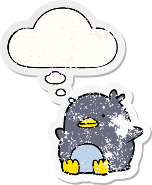 Düşünce baloncuğu olan sevimli penguen dertli bir çıkartma gibi bir insan tarafından çizilmiş.