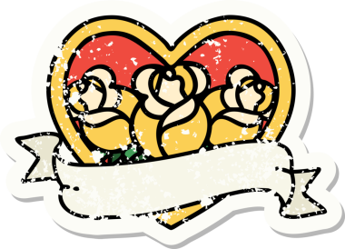 Geleneksel bir kalp stili ve insan tarafından çizilmiş çiçekli pankart dövmesi.