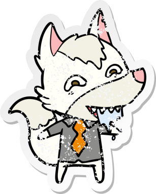 Bir insan tarafından çizilmiş ofis kıyafetleri içindeki aç kurt çizgi filminin sıkıntılı çıkartması.