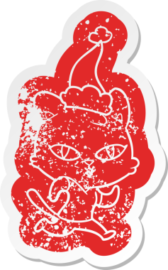 Garip bir çizgi film, bir insan tarafından çizilmiş Noel Baba şapkasıyla koşuya çıkmış bir kedi çıkartması.