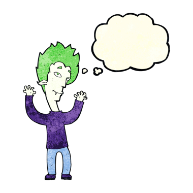 Bir insan tarafından çizilmiş düşünce balonlu vampir adam.