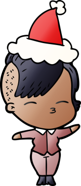 Bir insan tarafından çizilmiş Noel Baba şapkası giyen şaşı bir kızın el çizimi karikatürü.