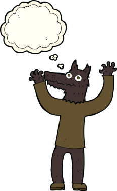 Bir insan tarafından çizilmiş düşünce balonlu bir kurt adam.