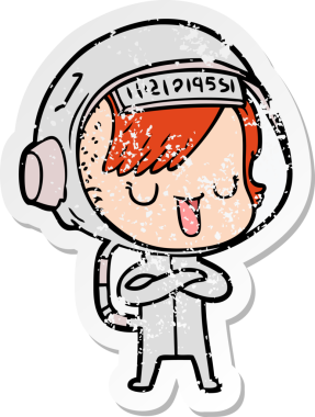 Bir insan tarafından çizilmiş karikatür astronot kadının sıkıntılı çıkartması.