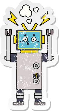 Bir insan tarafından çizilmiş sevimli bir robot çizgi film çıkartması.
