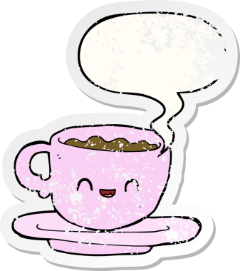 Bir insan tarafından çizilmiş, sıkıntılı, sıkıntılı, eski bir çıkartma olan bir kahve fincanı.