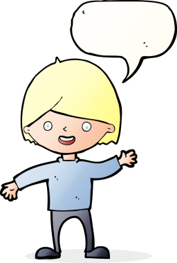 Bir insan tarafından çizilmiş konuşma balonu olan bir çizgi film çocuğu.