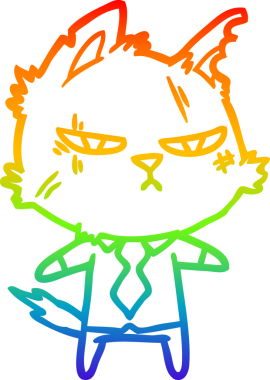 Bir insan tarafından çizilen tişörtlü ve kravatlı sert bir çizgi film kedisinin çizimi