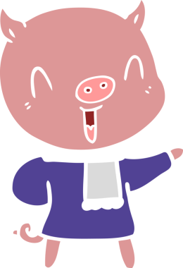 Mutlu düz renkli çizgi film domuz kışın insan tarafından çizilmiş.