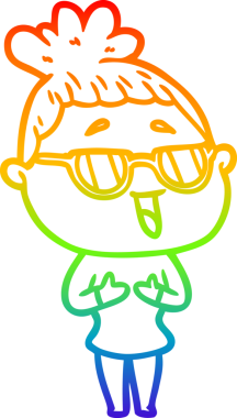 Bir insan tarafından çizilmiş gözlük takan mutlu bir kadının çizgi çizimi.