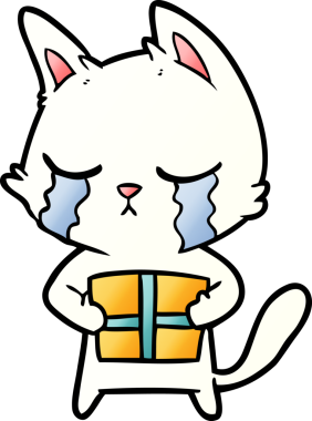 Ağlayan çizgi film kedisi elinde bir insan tarafından çizilmiş Noel hediyesini tutuyor.