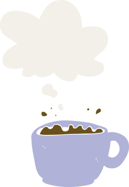 Düşünce baloncuklu çizgi film kahve fincanı insan tarafından çizilmiş.