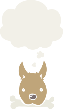 Düşünce baloncuğu olan kemikli çizgi film köpeği insan tarafından çizilmiş.