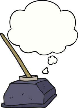 Bir insan tarafından çizilmiş düşünce baloncuklu eski mürekkep kabı ve kalem.