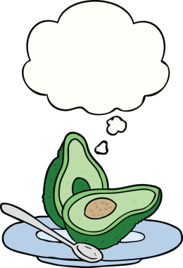 Bir insan tarafından çizilmiş düşünce baloncuklu avokado.