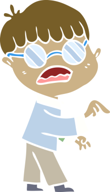 Bir insan tarafından çizilmiş gözlük takan düz renkli çizgi film çocuğu.