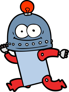 Bir insan tarafından çizilmiş ampullü mutlu karton robot.