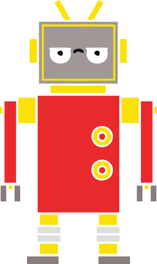 Bir insan tarafından çizilmiş rahatsız bir robotun düz renkli retro karikatürü
