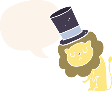 Bir insan tarafından çizilmiş konuşma baloncuklu silindir şapkalı şirin bir aslan.