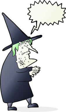 Bir insan tarafından çizilmiş konuşma balonu olan çirkin yaşlı cadı çizgi filmi.