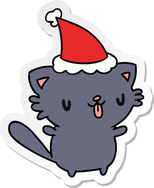 Bir insan tarafından çizilmiş kawaii kedisinin el çizimi Noel çıkartması.