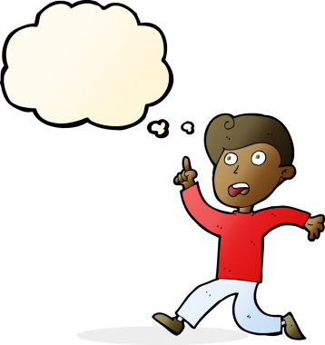 Bir insan tarafından çizilen düşünce baloncuğuyla panikleyen çizgi film çocuğu.