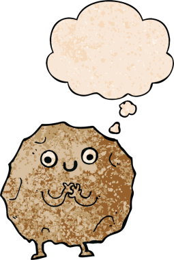 Bir insan tarafından çizilmiş grunge desenli düşünce baloncuğu olan çizgi film rock karakteri.