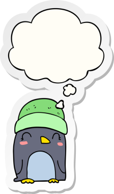 Bir insan tarafından çizilmiş, düşünce baloncuğu olan sevimli penguen karikatürü.