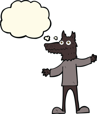 Bir insan tarafından çizilmiş düşünce balonlu bir kurt adam.