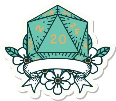 Bir insan tarafından çizilmiş 20 kritik vuruşluk D20 zar etiketi.