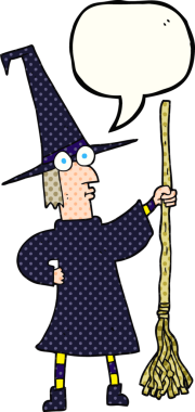 Bir insan tarafından çizilmiş süpürgeli bir çizgi roman konuşma balonu cadısı.